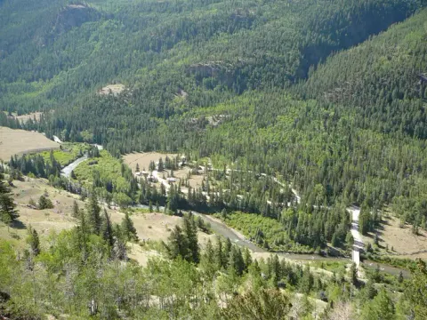 Aerial view of Mill Creek campground loop and Lake Fork.