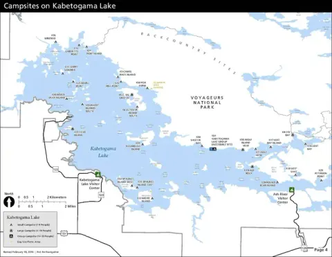 A map depicts each the location of each campsite on Kabetogama Lake in Voyageurs National Park--all of which are only water-accessible.