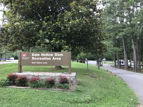 Dale Hollow Damsite Campground Entry sign and Access Road
