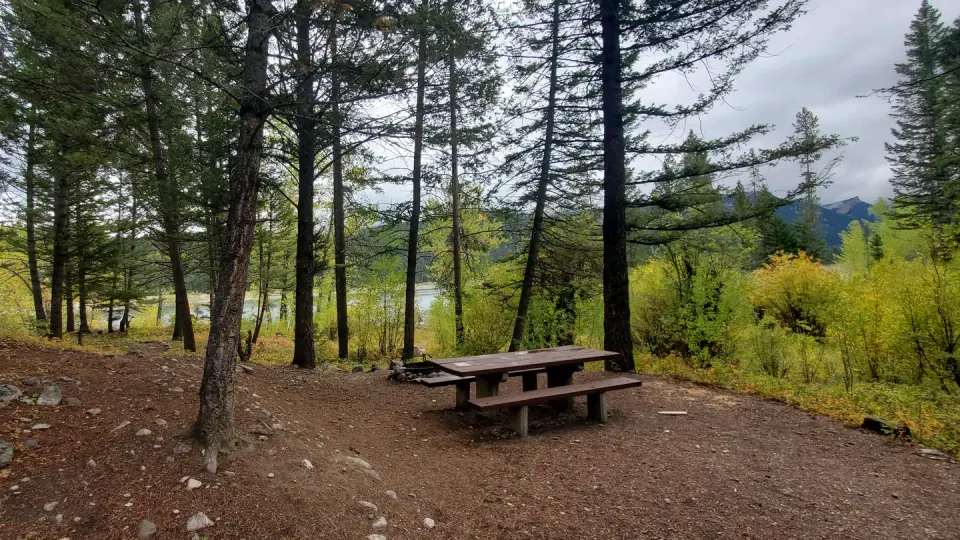 Campsite with picnic table and view of East Fork Reservoir