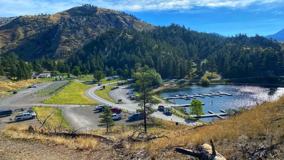 View of Sardine Row (sites 1-12), boat launch and boat docks