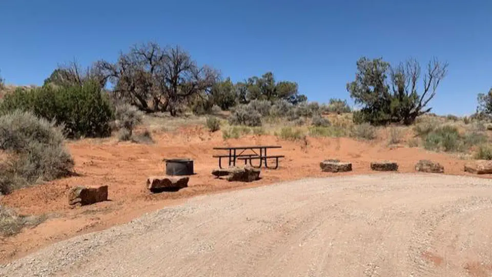 A campsite at Hatch Point Campground with picnic table and fire ring with a view of pinion and juniper trees.