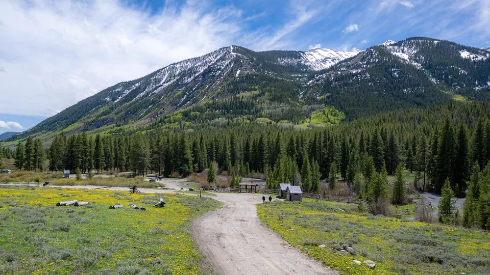 view from campground entrance road, snow dusted mountains, forest, wildflowers, mountain biker