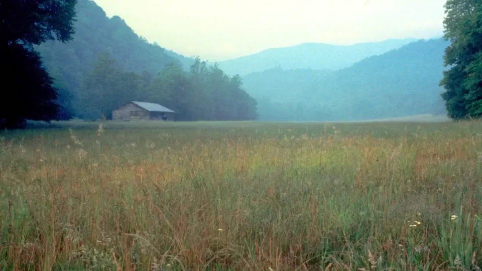 Dawn breaks over an historic cabin in Cataloochee Valley