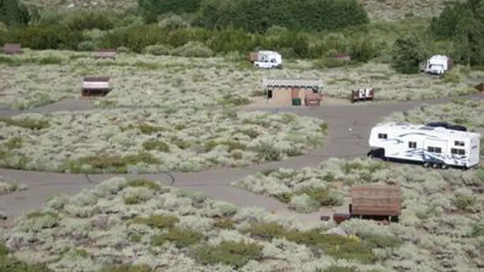 A shrub grass campground with several RVs parked in campsite spurs