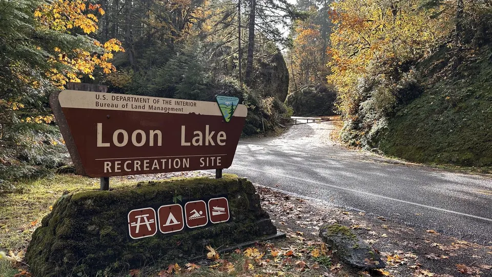 View of Loon Lake Recreation Site entrance sign in the foreground with the entrance road in the background