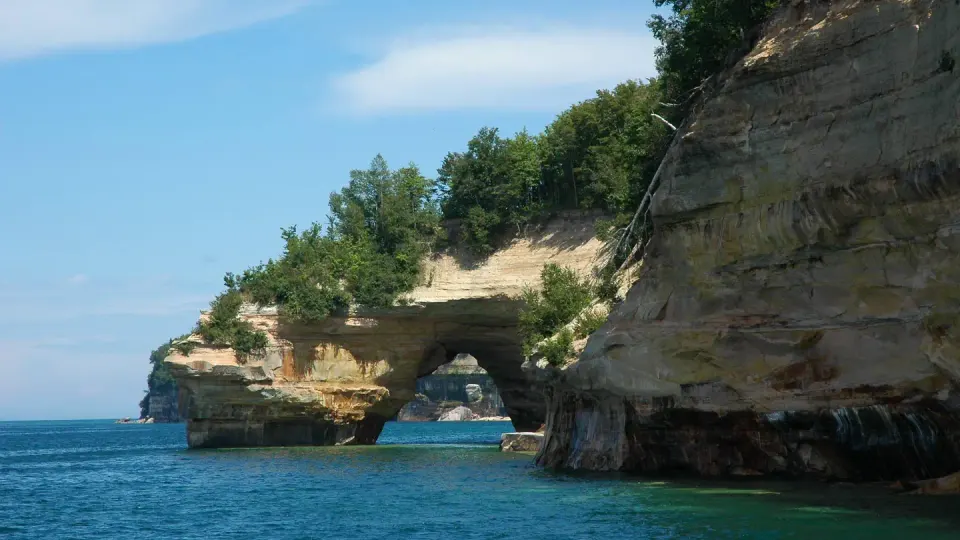 A view of Lake Superior looking to the east through Petit Portal arch, also known as Lover's Leap.