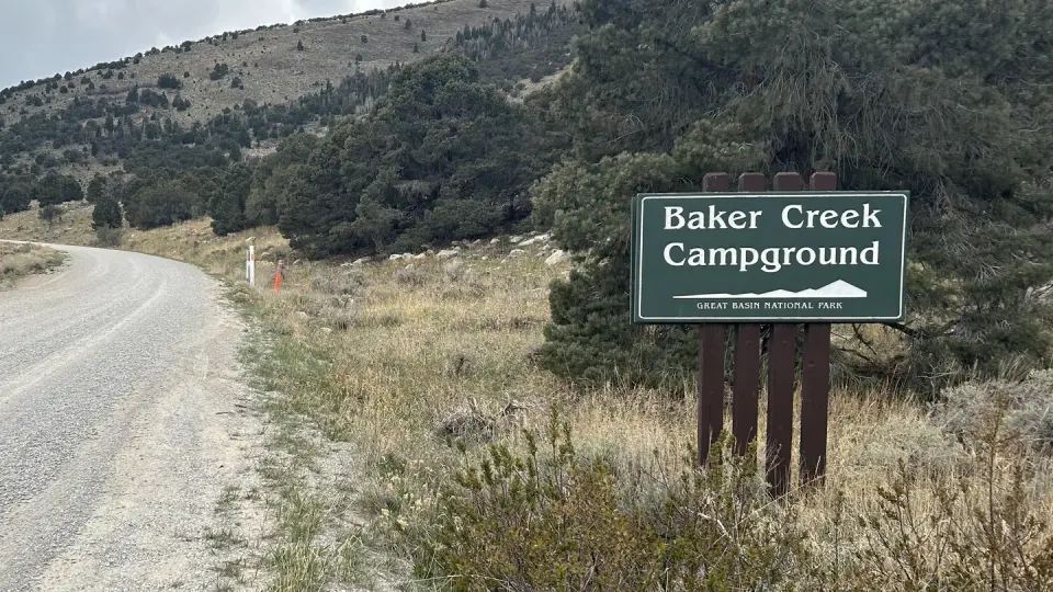 A road with a green sign on the side that says "Baker Creek Campground"