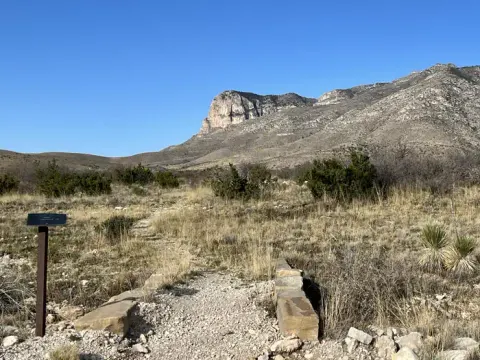Foothills trail leading away form the Frijole Horse Corral Campground. El Capitan mountain is visible in the background.