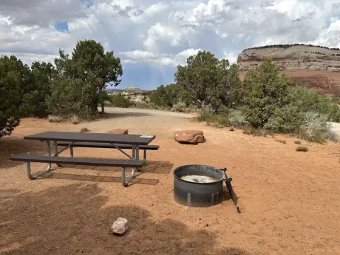 A campsite with metal picnic table and fire ring surrounded by pinyon and juniper trees and tall sandstone cliffs in the background.