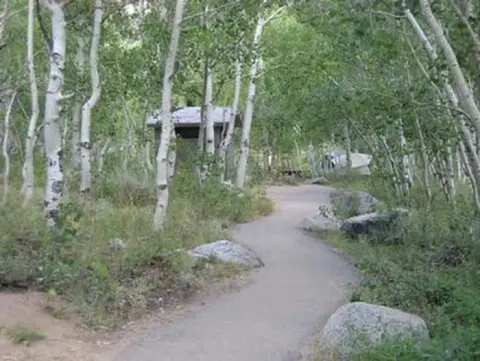 A path winds through trees towards a restroom facility